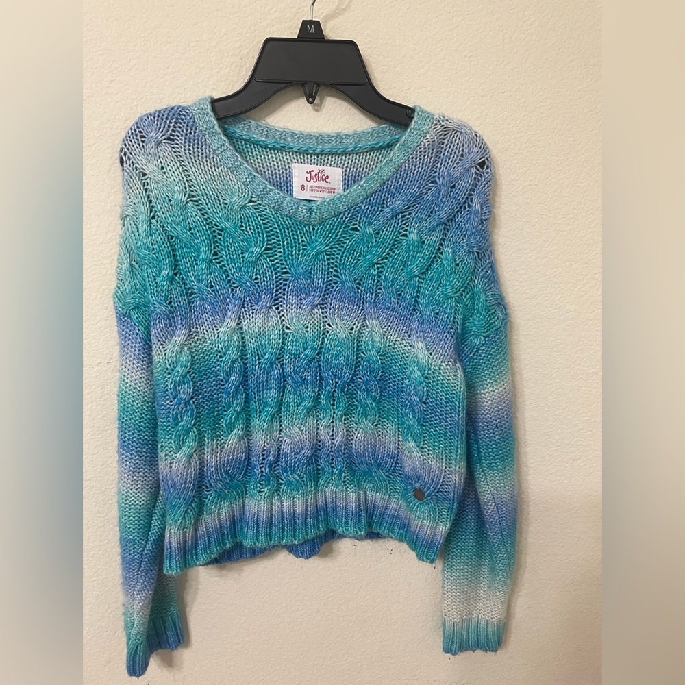 Justice size 8 girls striped turquoise, purplish blue and white striped sweater